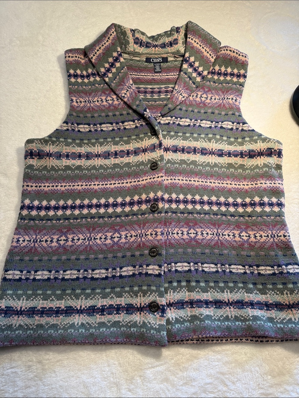 Chaps Multicolor Fair Isle Button-Front Knit Vest in Green, Pink Lavender& Cream
